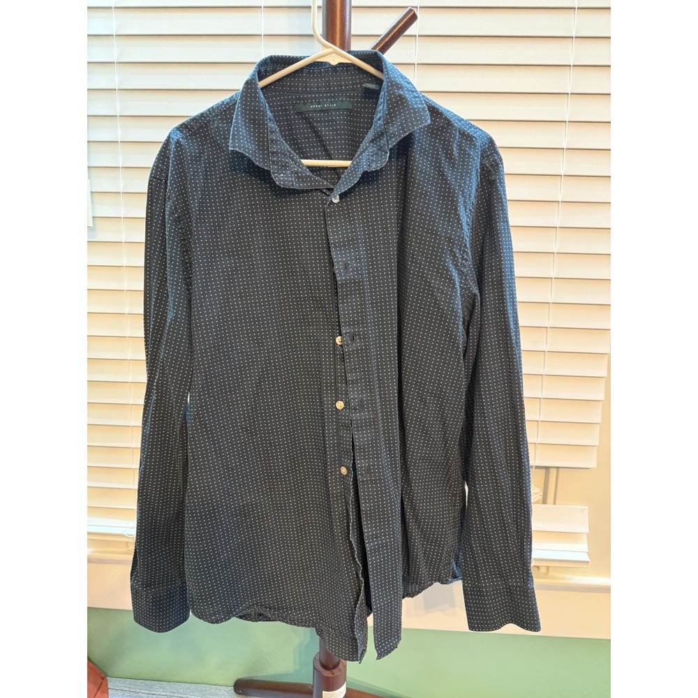 Perry Ellis Mens XL Button Up Shirt Navy Blue Micro Dot 100% Cotton Long Sleeve